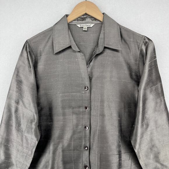 TRAVELSMITH Shirt Womens L Pure Silk Dupioni Button Up Long Sleeve Gray - Picture 3 of 14